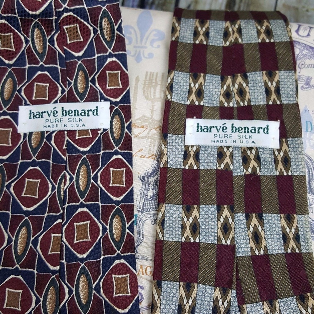 HARVE BENARD USA Made Lot of 2 GEOMETRIC Silk Men Necktie Ties Tie Red Blue Gold - Picture 2 of 3